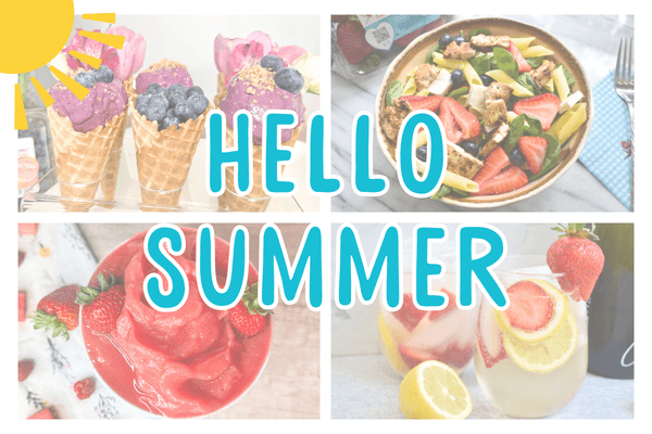 Blueberry Recipes banner with mouthwatering photos of blueberry cake, salad, pancakes, smoothies, and fresh blueberries