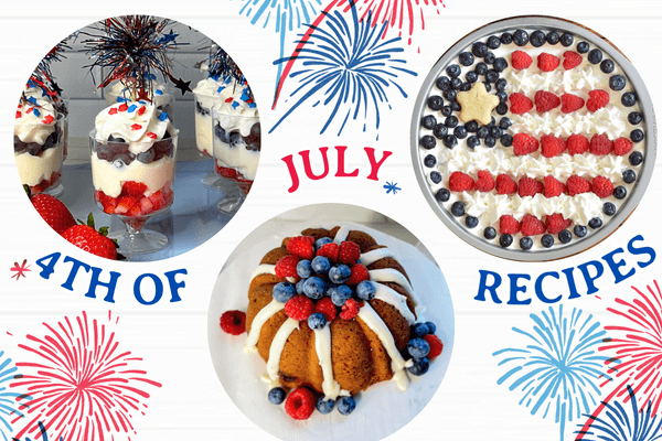Blueberry Recipes banner with mouthwatering photos of blueberry cake, salad, pancakes, smoothies, and fresh blueberries