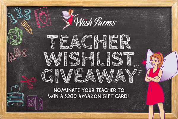 Teacher Wishlist giveaway banner with pixie and school supply elements.